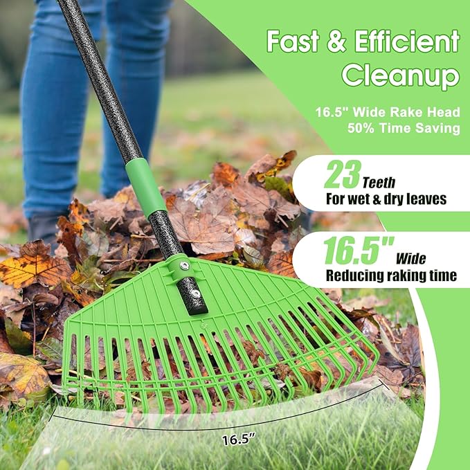 Garden Leaf Rake,16.5” Wide Plastic Leaf Rake for Lawn with 30” Long Handle, Plastic Yard Raking Tools for Lawn Turf Leaves Grass Thatch Debris Pine Needle Cleanup, Lightweight for Kids