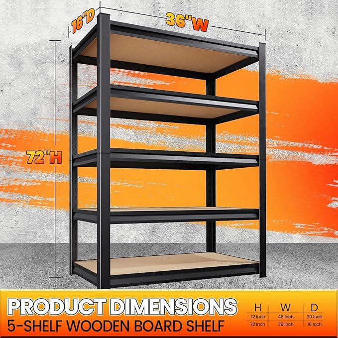 72" H*36'' Storage Shelves 2500lbs Garage Shelving, Adjustable Heavy Duty Garage Shelves, Easy to Install Metal Shelving Wood Shelving Unit, Storage Shelf for Basement Warehouse, 2 Pack