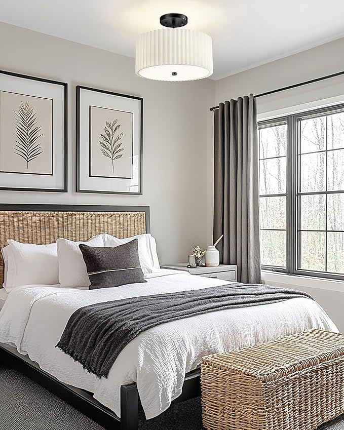 Semi Flush Mount Ceiling Light, 3-Light 12.5" Matte Black Ceiling Light Fixture with White Pleated Fabric Shade, Drum Lamp for Nursery Hallway Bedroom Kitchen, AD-25036-3SF-BK