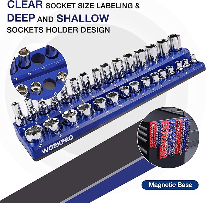 WORKPRO Magnetic Socket Organizer Set, 6-Piece Socket Holder Set Includes 1/4", 3/8", 1/2" Drive Metric SAE Socket Trays, Holds 143 Pieces Sockets, Christmas Gift for Men(Socket not Included)
