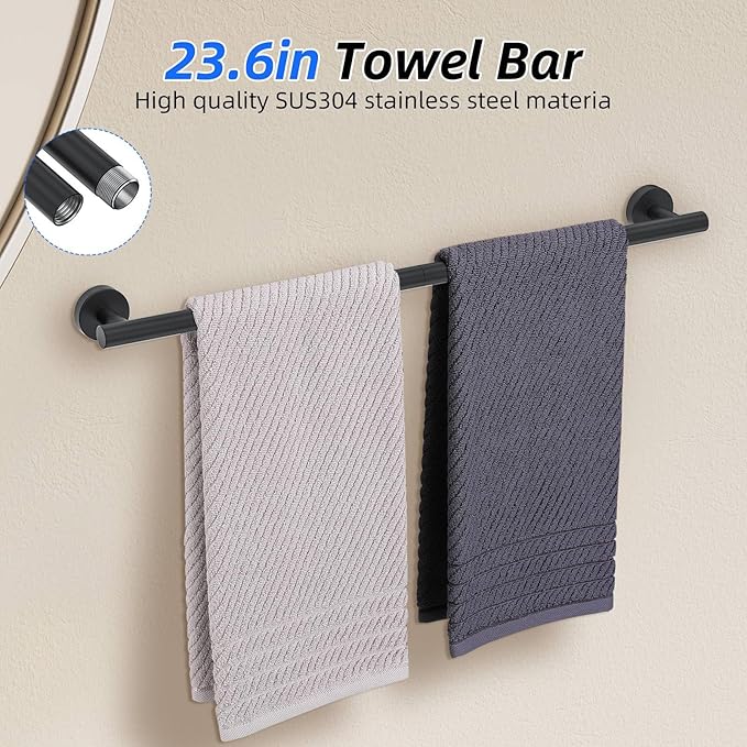 6-Piece Bathroom Hardware Set Matte Black Towel Bar Set,Towel Holder Set for Bathroom, Stainless Steel Wall-Mounted Bath Hardware Accessories Set, 23.6 Inch