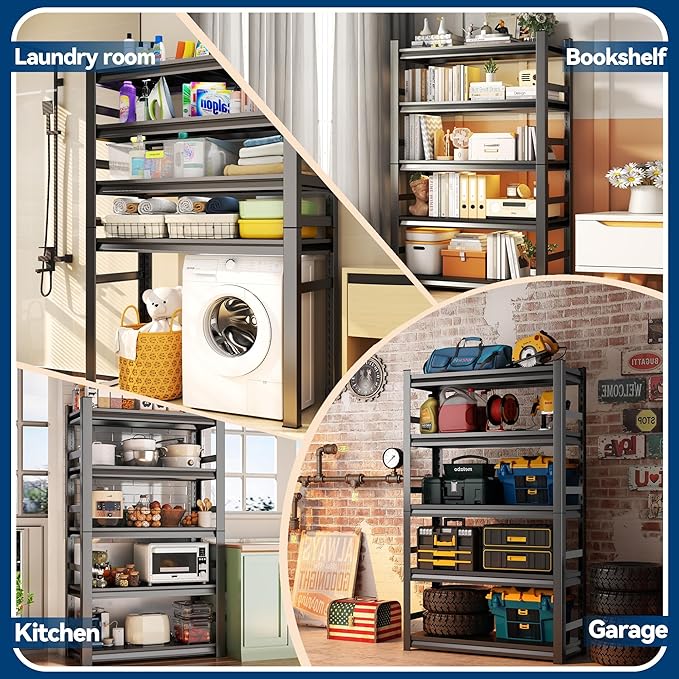 Garage Shelving, 2000LBS Garage Shelving Heavy Duty, Adjustable and Detachable Metal Storage Shelves with Fences, Easy Assembly, Shelves for Warehouse,Basement (32" W*15.7" D*63" H)