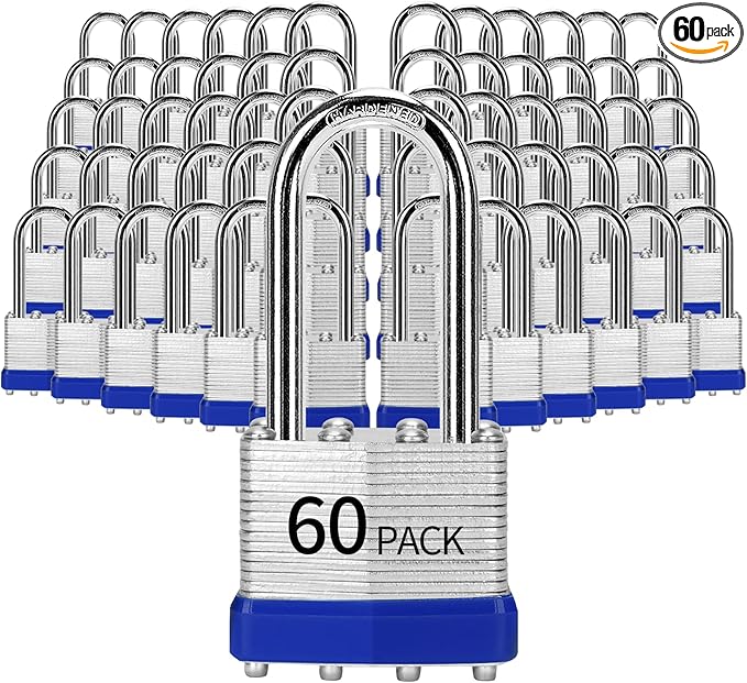 Padlocks Keyed Alike, Pack of 60, Laminated Steel Keyed Lock (1-9/16", 40mm), Padlocks with Same Key, Long Shackle, for Toolbox, Locker & StorageUnit or More