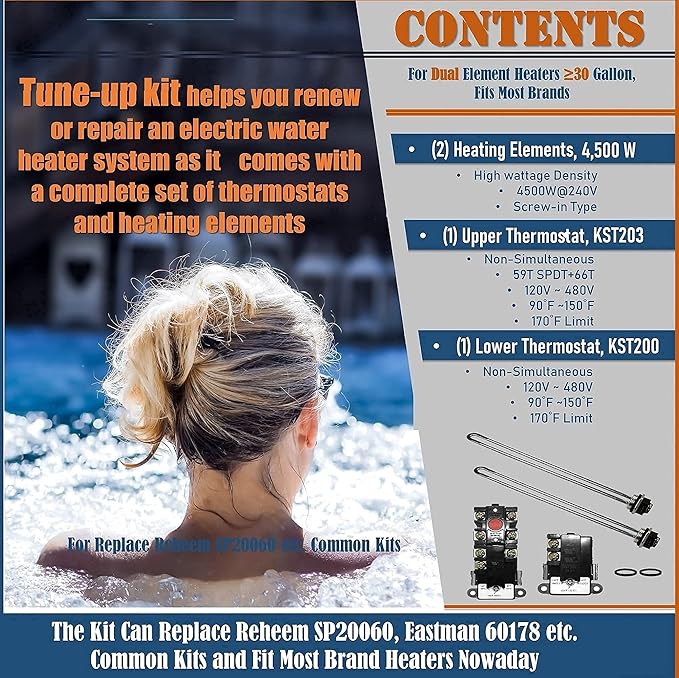 EWH-01 Electric Water Heater Tune-Up Kit, Includes Two Water Heater Thermostats, Two Water Heater Heating Elements - 4500W 240V, T-O-D Style Thermostat, Water Heater Replacement Parts