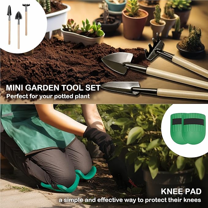 Bluemars Gardening Hand Tool Kit 14PCS Heavy Duty Stainless Steel Garden Tool Set with Floral Garden Tote -Outdoor Gardening Transplanting Gifts for Woman