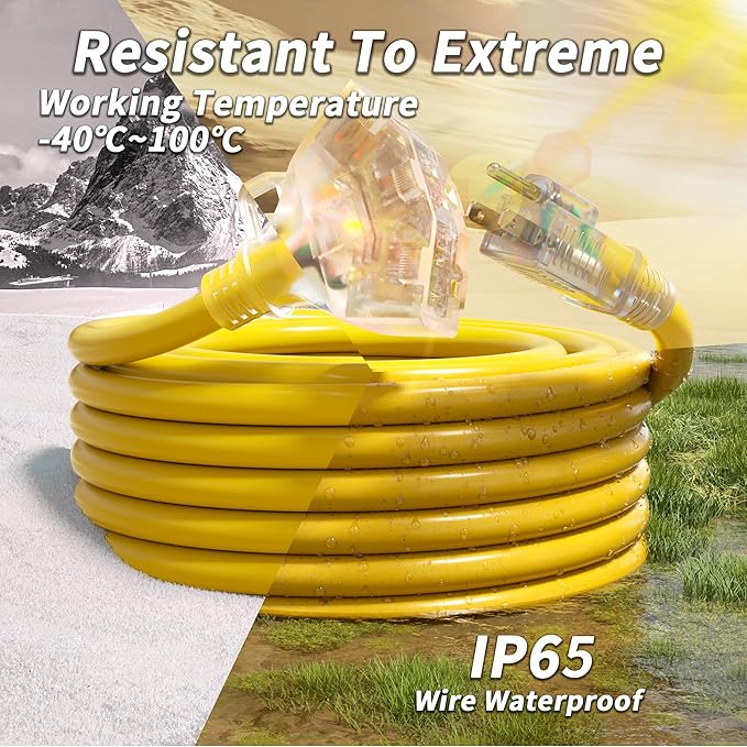 1 FT 12/3 Gauge Outdoor Extension Cord with Multiple Outlets Light Indicator, Flexible Weatherproof 3 Outlet Heavy Duty Extension Cord Waterproof Yellow, 15A 1875W 12AWG SJTW, ETL Listed