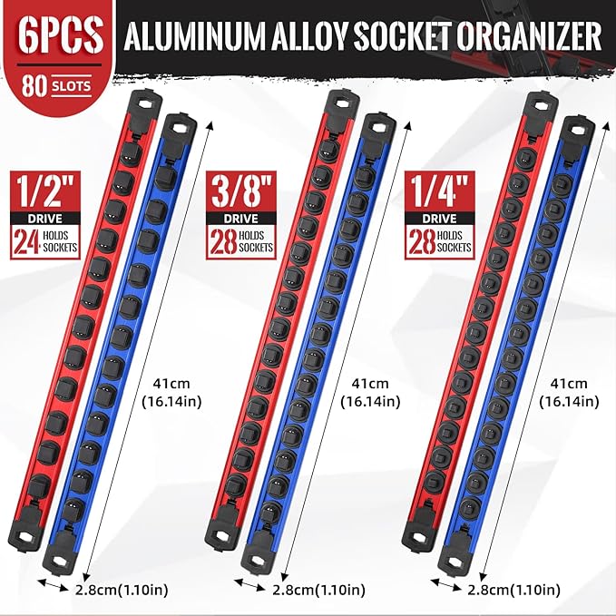 Magnetic Socket Organizer, 6-Piece Heavty Duty Aluminum Socket Holder, Socket Rail for Tool Box, Premium Quality 360° Swivel Socket Rack Kit with 80 Clips for 1/2, 3/8, 1/4-Inch(Red&Blue)
