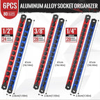 Magnetic Socket Organizer, 6-Piece Heavty Duty Aluminum Socket Holder, Socket Rail for Tool Box, Premium Quality 360° Swivel Socket Rack Kit with 80 Clips for 1/2, 3/8, 1/4-Inch(Red&Blue)