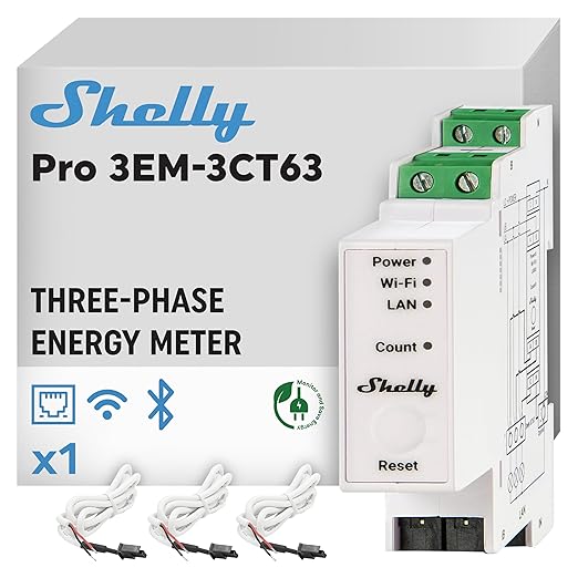 Shelly Pro 3EM 3CT 63 | Wi-Fi & LAN 3-Phase Professional Smart Energy Meter | DIN Rail | Home Automation | Compatible with Alexa & Google Home | iOS Android App | No Hub | Photovoltaic Ready