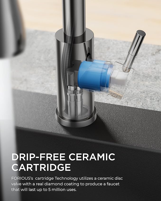 FORIOUS Kitchen Faucet with Soap Dispenser Chrome, Single Handle Stainless Steel Transitional Sink Faucet with Pull Down Sprayer 1 or 3 Hole, Suitable for Farmhouse Laundry Camper RV Bar