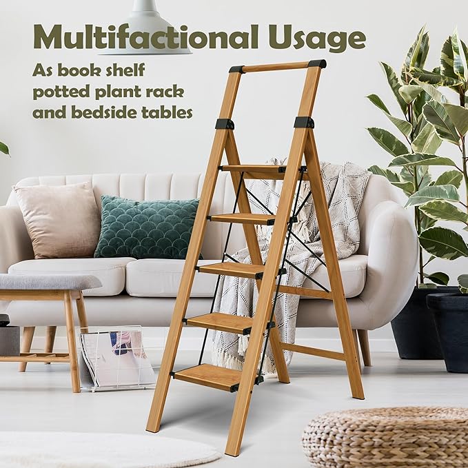 Taranta 5 Step Ladder, Portable Folding Ladder with Wide Pedal, Lightweight Aluminum Step Stool with Convenient Handgrip, 330 lbs Capacity Stepladder for Home, Office - Woodgrain