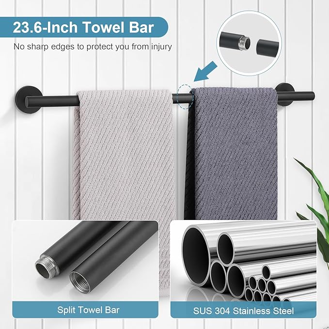 TQKAG Matte Black Bathroom Hardware Accessories Set 10-Pieces, Premium SUS304 Stainless Steel Bathroom Towel Bar Holder Set 23.6 Inch Round Towel Racks for Bathroom Wall Mounted