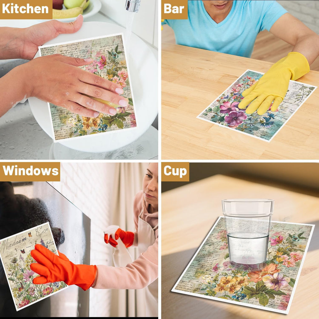 Floral Swedish Dishcloths for Kitchen, 6PCS Vintage Flower Swedish Dish Cloths Gift Set, Reusable Absorbent Cellulose Sponge Dish Towel for Home Cleaning(7.8 X 7 Inches)