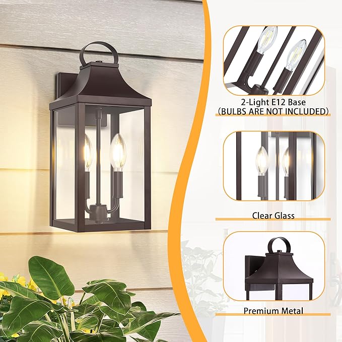 15" Black Outdoor Wall Lantern 2-Light, Outside Modern Wall Sconce Light Fixture, Industrial Porch Light Wall Mount with E12 Sockets, Waterproof Exterior Lamp Lighting, Brown