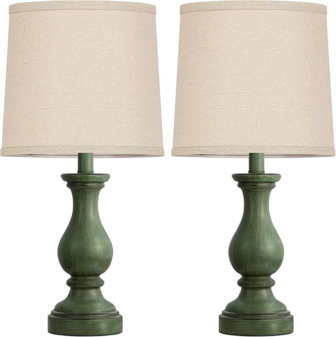 Seealle Farmhouse Table Lamps Set of 2 - Rustic Lamp for Bedroom Living Room, 22" Boho Bedside Lamps for Night Stands End Table Office Desk Lamp Nightstand with Linen Shades(Antique Green)