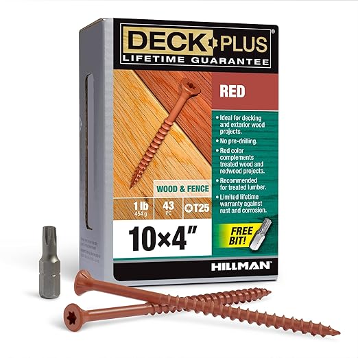 Deck Plus 4 Inch Epoxy Coated Exterior Wood and Fence Screws #10 x 4 Torx/Star Drive Included Coarse Thread, Outdoor Rust Resistant Decking Screw, Red, 1lb Box, 43 Pieces | 48437