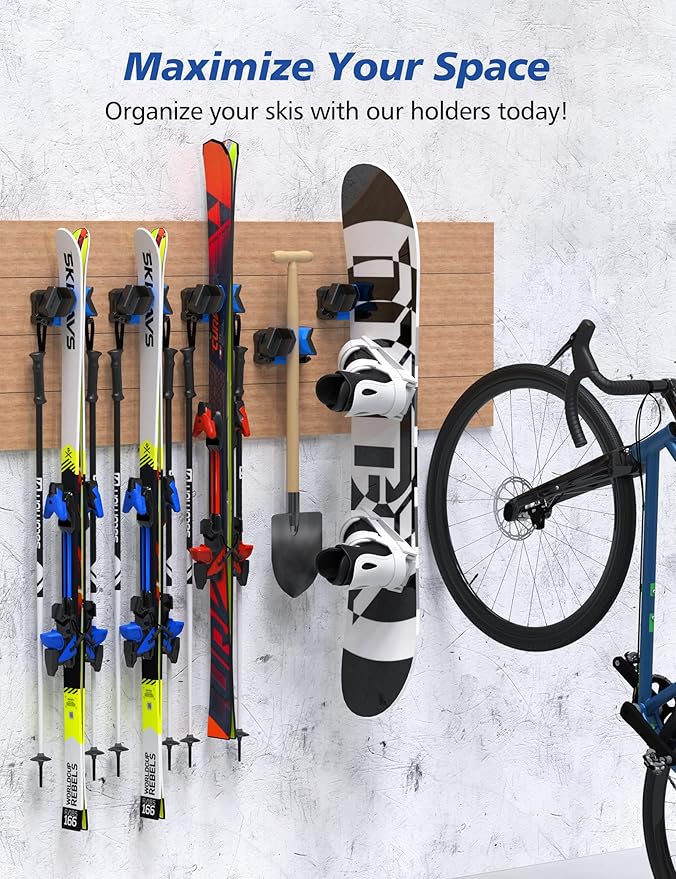 Ski and Snowboard Wall Mount Storage Rack - Heavy Duty Nonslip Organizer for Garage - Fits Any Ski or Snowboard - Tool Organizer - Blue