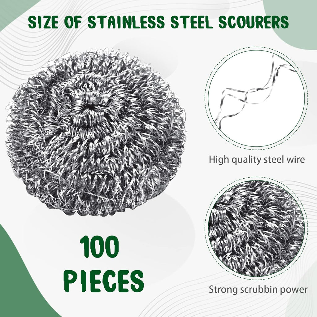 Yinkin 100 Pieces Stainless Steel Scrubber Bulk Steel Wool Scrubber Metal Sponge Wire Scouring Pad Heavy Duty Clean Dish Pot Pan and Oven for Kitchen, Bathrooms, and More