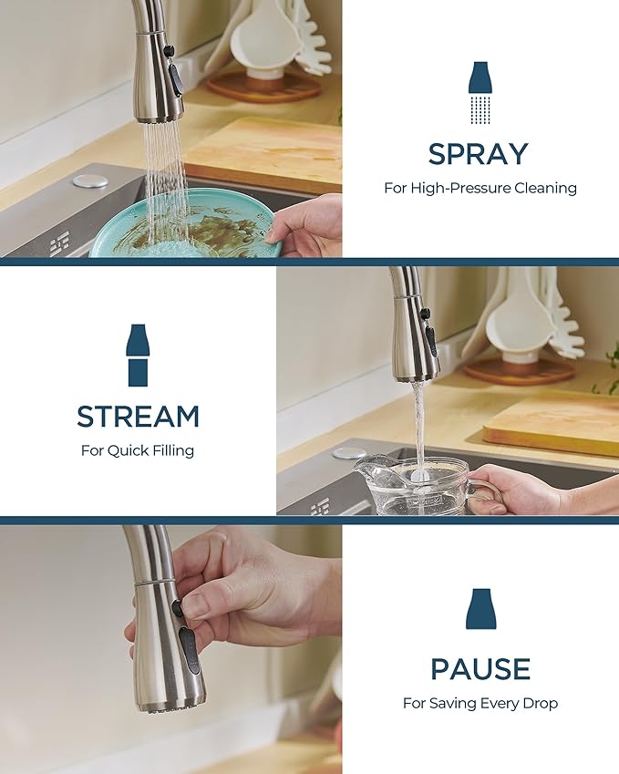 Kitchen Faucet with Pull Down Sprayer, Brushed Nickel High Arc Stainless Steel Classic Sink Faucet, Single Handle with Deck Plate for 1 or 3 Hole Sinks for RV Bar Laundry Farmhouse