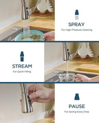 Kitchen Faucet with Soap Dispenser, Brushed Nickel High Arc Stainless Steel Modern Sink Faucet with Pull Down Sprayer, Deck Plate for 1 or 3 Hole Sinks for RV Bar Laundry Farmhouse