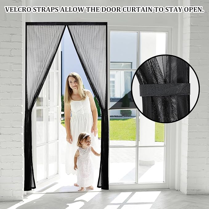 Magnetic Screen Door - Self Sealing, Heavy Duty, Hands Free Mesh Partition Keeps Bugs Out Let Breeze in- Pet and Kid Friendly - Keep Open Feature (Black, Fit Door Size 32 x 78 Inch)