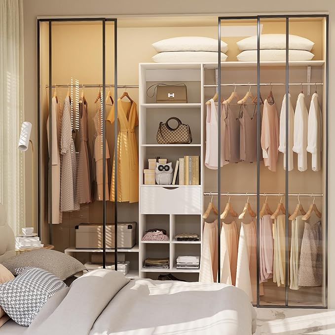 8ft Closet System with Drawers, 99 Inches Walk in Closet Organizer System with 3 Hanging Rods, Adjustable Built in Closets Systems, Sturdy Closets Insert, Easy Assembly, Max Load 1000 Lbs, White