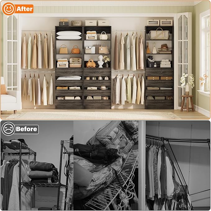 Aheaplus Closet System with 12 Drawers, 8.5-11.5Ft Wood Closet Organizer System with 4 Hanging Rods & 3 Towers, 4Ft & 6Ft L-Shaped Walk-in Closets Wardrobe Organizer Clothes Rack, Set of 3, Black Oak