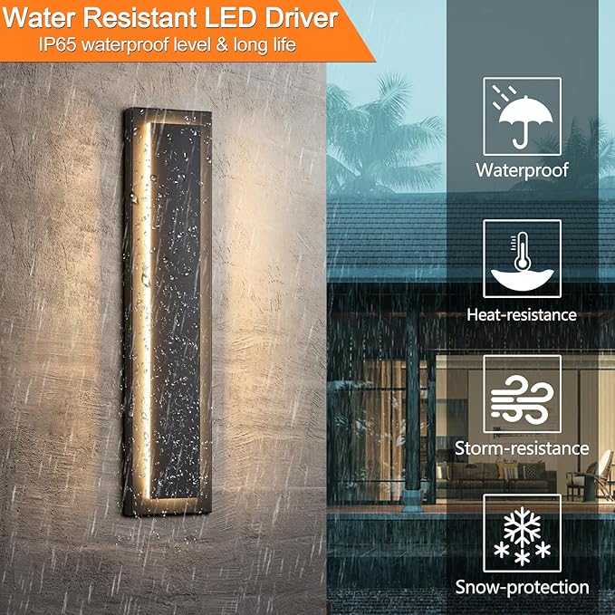 tewei 23.6 Inch Modern Outdoor Wall Sconce, Long Black LED Exterior Lighting Fixtures, Modern Large Outdoor Front Porch Lights Outside Wall Mount Lights for House, Warm White 3000K, 2 Pack