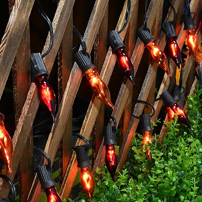 27.78 FT Halloween Ligths, C7 Clear Orange and Purple Flickering Flame String Lights Outdoor, E12 Screw Base, Flame String Lights for Fall Decor Halloween Decorations Outdoor Indoor Home Patio Party