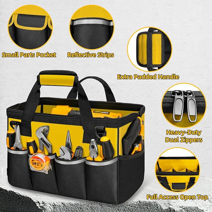 Tool Bag, Portable Tool Box Organizer Adjustable Shoulder Strap, Carry Tool Tote Heavy Duty Tool Storage Bag With Wide Mouth,Tool Bags for Men Mechanic EngineerGift - L, Yellow & Black