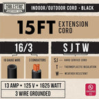 3 Pack of Black Extension Cord 15 ft, 16 Gauge Outdoor Extension Cord with 3 Prong, 16/3 SJTW Weatherproof 15ft Extension Cord for Indoor, Outdoor, Lawn Mower, Landscaping, Home, Office