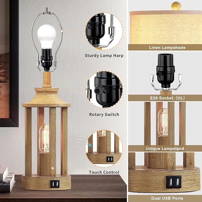 Touch Control Farmhouse Table Lamp Set of 2 with 2 USB Ports, 3 Way Dimmable Bedside Lamps with 2 LED Nightlight，Rustic Nightstand Lamps for Bedroom, Living Room Office (4 LED Bulbs Included)
