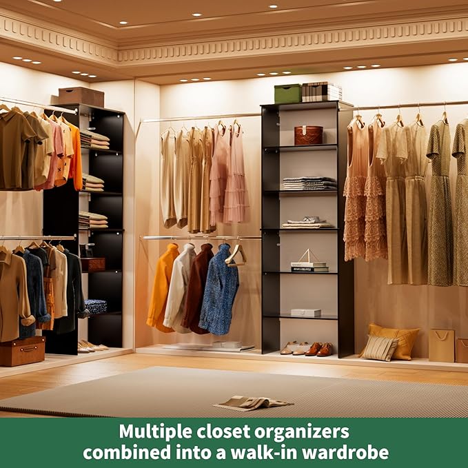 Closet System, 22.5" Wide Organizer with 3 Hanging Rods, Wood Tower Storage for Walk-In Closets, Wall-Mounted Wardrobe Organizer Kit, Black