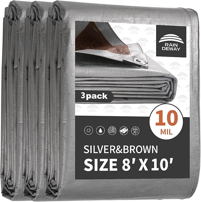 RAINDEWAY Tarps Heavy Duty Waterproof 8x10 Feet(3 Pack),10Mil Thick Multipurpose Poly Tarp Cover with Metal Grommets and Reinforced Edges,Silver/Brown Tarp