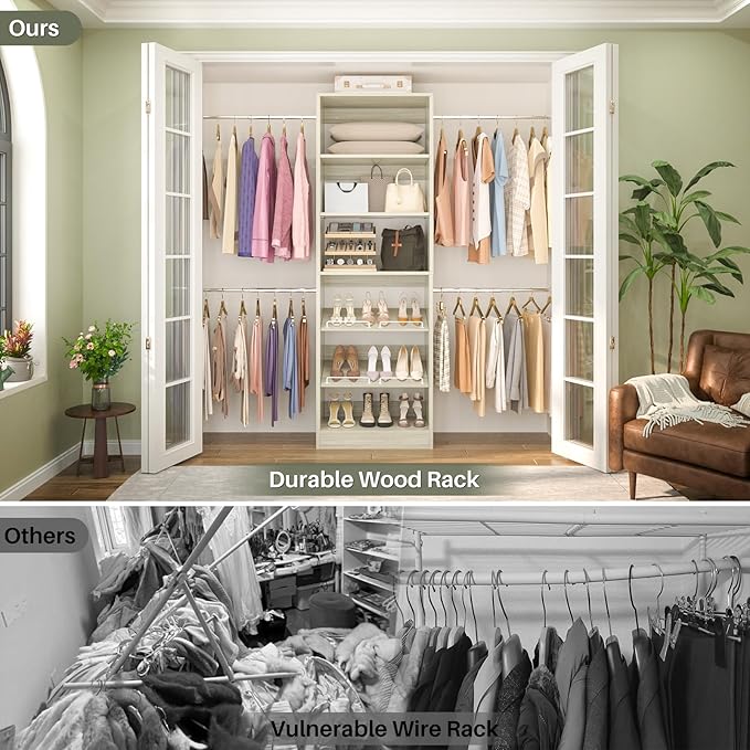 Unikito Closet System, 4-8Ft Wood Closet Organizer Starter Kit with Tower and 4 Extendable Hanging Rods, Walk-in Closet Organizer Wardrobe Clothes Rack with Adjustable Shelves, Garment Rack, White Oak