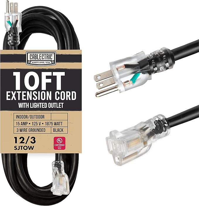 10 Ft Black Oil Resistant Extension Cord for Farms & Ranches - 12/3 SJTOW Heavy Duty 12 Gauge Outdoor Cable with 3 Prong Grounded Plug, 15 AMP