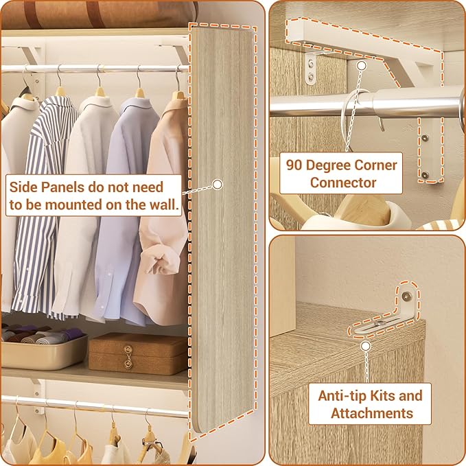 10FT Closet System with 4 Drawers, 120" Closet Organizer System with 6 Hanging Robs & Reversible Hanging Shelving, Closet Systems for Walk-in Closets, Load 2000+LBS, Greige Oak 2 Pack