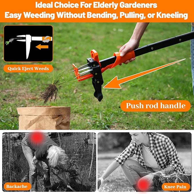 Weed Puller Tool, Stand Up Weed Puller Heavy Duty, Weeding Tool with 39" Ergonomic Long Handle and 4 Manganese Steel Claws, Easy Eject Mechanism, Weeding Without Bending, Pulling, or Kneeling