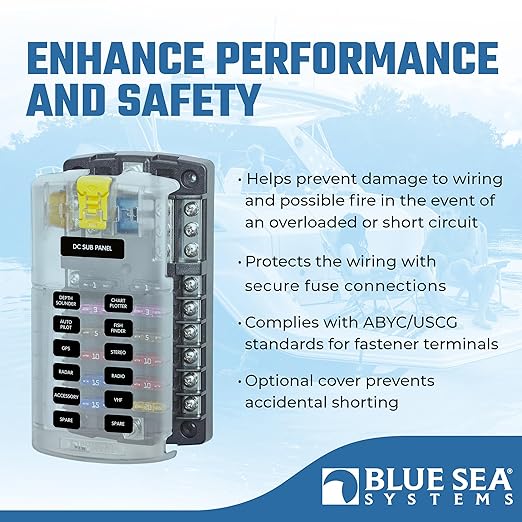 Blue Sea Systems 5026 ST Blade Fuse Block 12 Circuit with Ground and Cover, 100 Amps