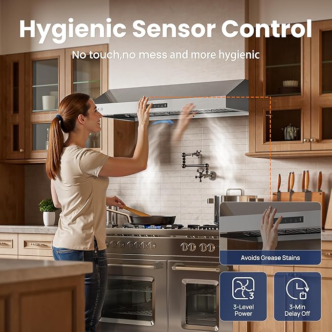 Range hood 36 inch,Stove Hood with Dual Motor 900 CFM,Vent Hood with 1.5 Sones Whisper-Quiet,Kitchen Exhaust Range Hood for Large Kitchen,GU10 LED Lights & Full-Sealed Cavity