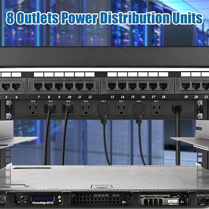 HHSOET 1U Rack Mount Surge Protection, 8 Outlet PDU Power Strip, Metal Mountable Outlet Strip with Switch, 6ft Power Cord.