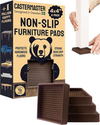 CasterMaster Non-Slip Furniture Pads for Hardwood Floors - 4" x 4" Brown Pack of 4 - Anti-Skid Rubber Caster Cups - Table Leg Protectors & Rubber Feet for Chairs