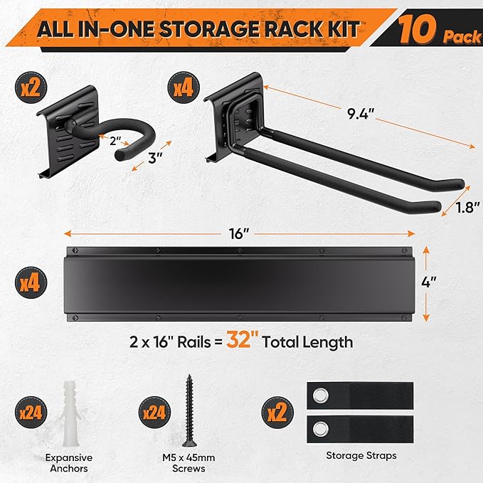 Garden Tool Organizer Wall Mount, 32 inches Tool Storage Rack with Adjustable Hooks, 600lbs Adjustable Heavy Duty Metal Hooks, Yard Shed Rack Holder System Hanging Rake Broom Mop Snowboard, Men Gift