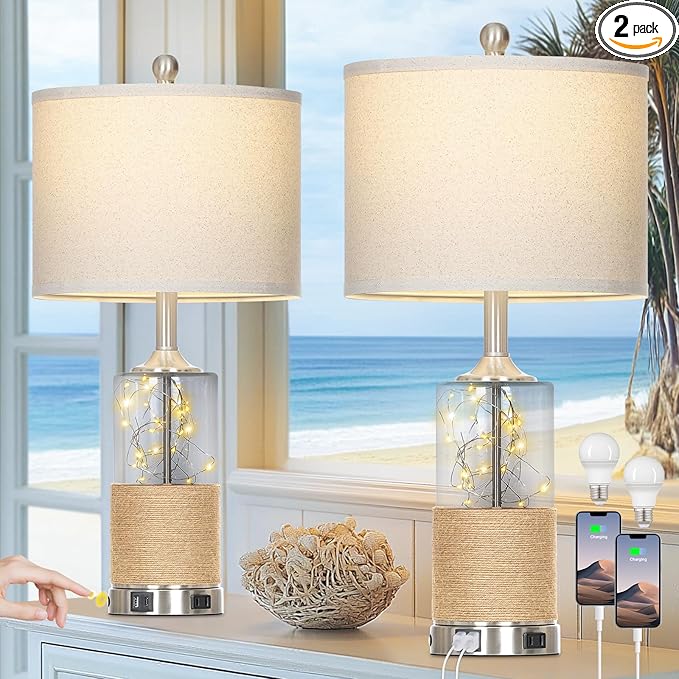 25" Coastal Glass Lamps Set of 2, Touch Control 3-Way Dimmable Night Light Modern Table Lamp with USB A+C Ports & AC Outlets Linen Fabric Shade for Living Room Bedroom Silver Ocean(LED Bulbs Included)