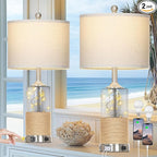 25" Coastal Glass Lamps Set of 2, Touch Control 3-Way Dimmable Night Light Modern Table Lamp with USB A+C Ports & AC Outlets Linen Fabric Shade for Living Room Bedroom Silver Ocean(LED Bulbs Included)