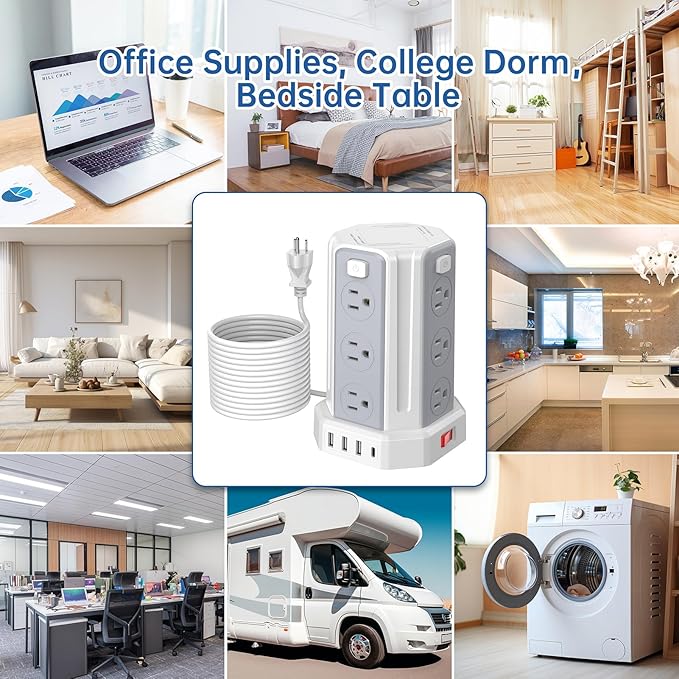 Power Strip Surge Protector, 10 Ft Extension Cord with 12 AC Multiple Outlets 4 USB (1 USB C), SMALLRT Power Tower Desktop Charging Station (White, 10 FT)