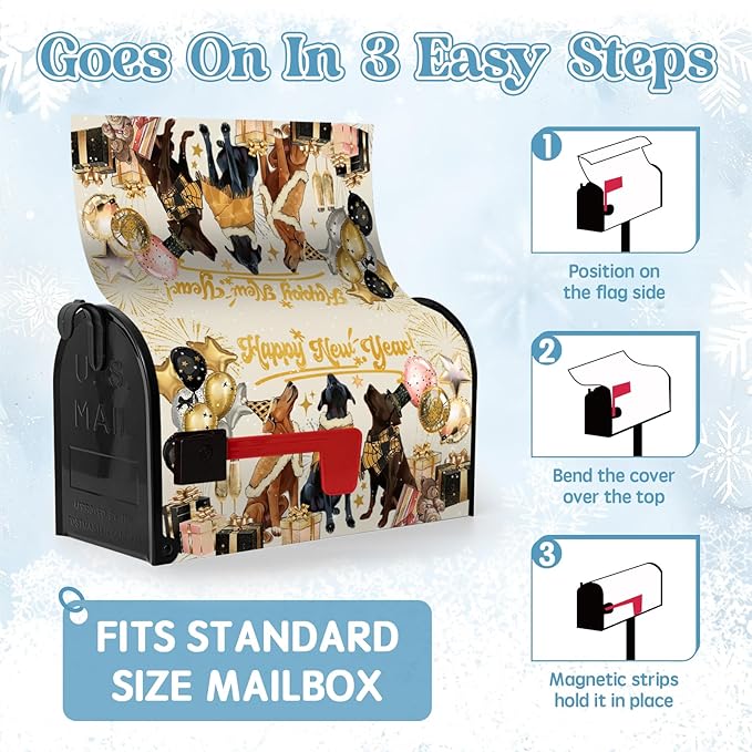 Happy New Year Magnetic Mailbox Covers 21x18 Inch Winter Dogs Balloon Holiday Post Mail Box Cover Standard Size for New Year Garden Outdoor Decor