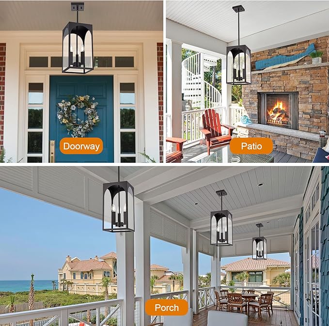 VINLUZ Modern Oil Rubbed Bronze Chandelier 3 Light Dining Room Light Fixture with Clear Glass Shade Industrial Outdoor Pendant Lights for Entryway Hallway Porch