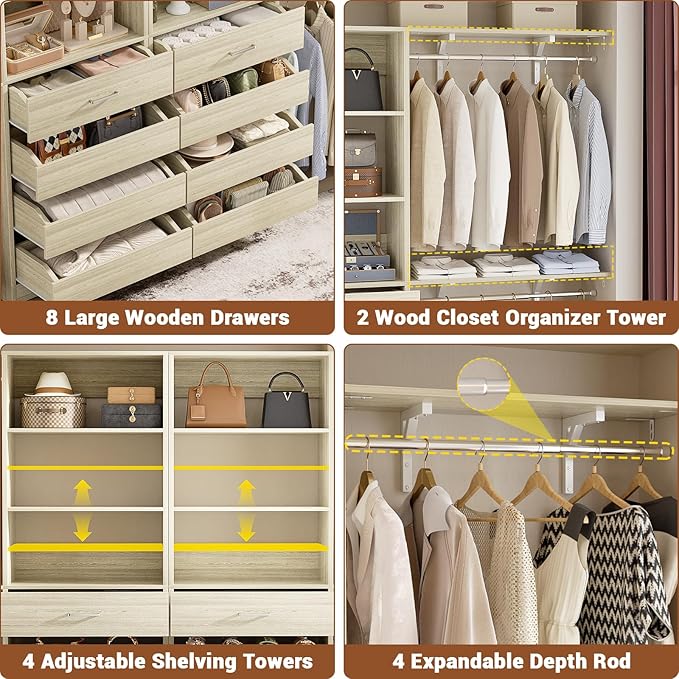 Aheaplus Closet System with 8 Wooden Drawers, Wood Closet Organizer System with Tower, Walk-in Closet Organizer Wardrobe Clothes Rack with 4 Hanging Rods, Garment Rack, Cut to Fit 7-12Ft, White Oak
