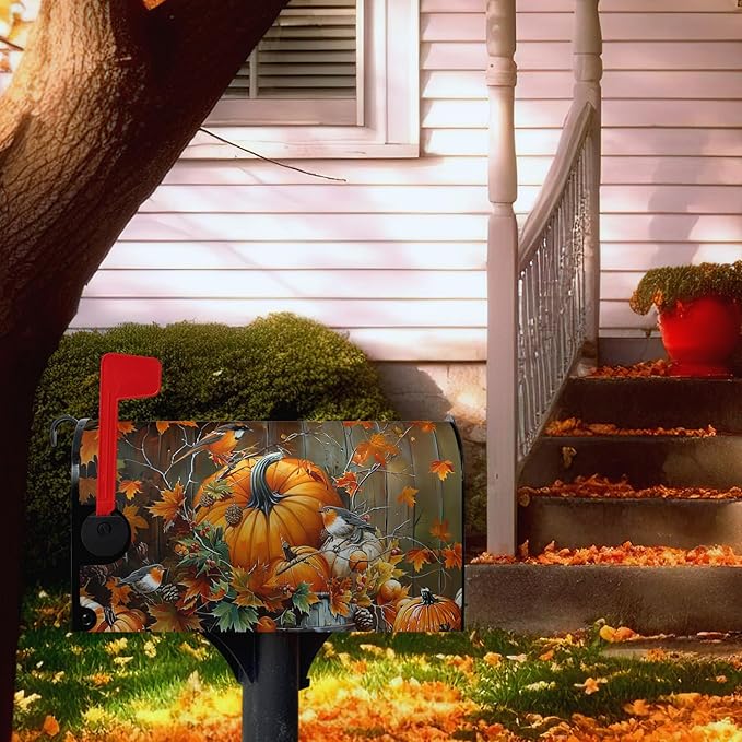 Fall Pumpkin Mailbox Covers Magnetic Standard Size 21x18 Inch Autumn Maple Leaves Birds Mail Box Cover Seasonal Farmhouse Post Letter Box Wraps for Outdoor Garden Decor